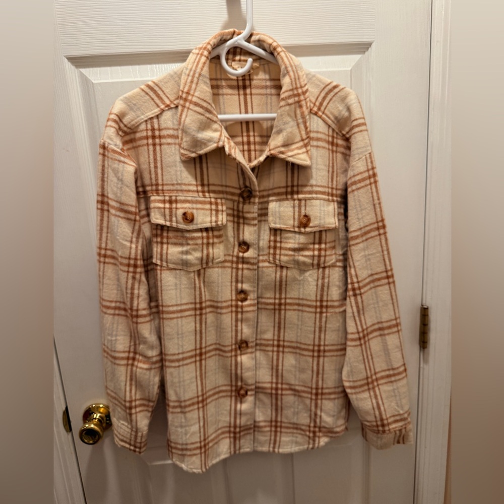 La Hearts Cream and Brown Plaid Shirt Jacket